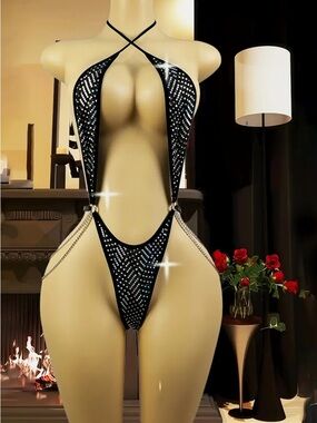 Black Rhinestone Chain Micro Monokini Swimsuit